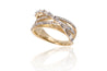 14K Satin Gold Criss-Cross Ring With Round And Baguette Diamonds